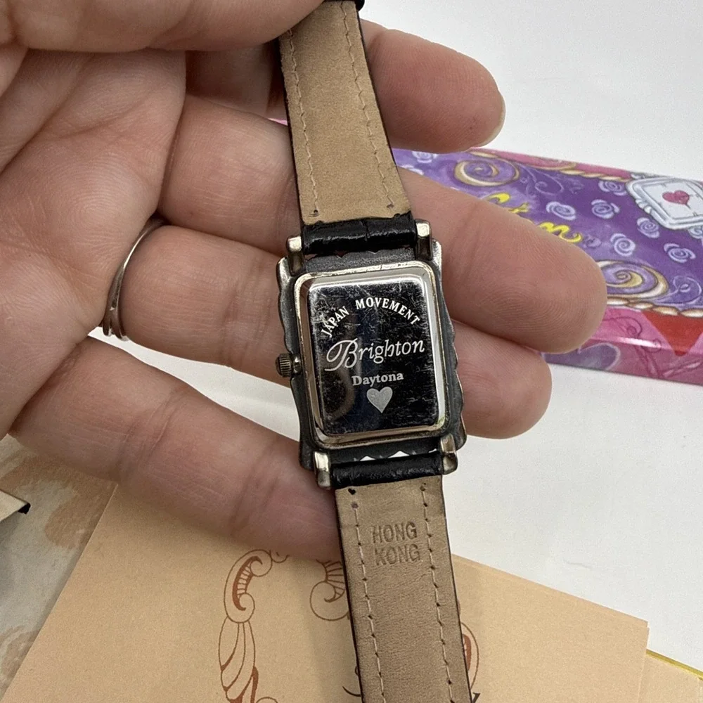 Brighton Watch Black leather band rectangle Silver tone Needs Battery Case Paper